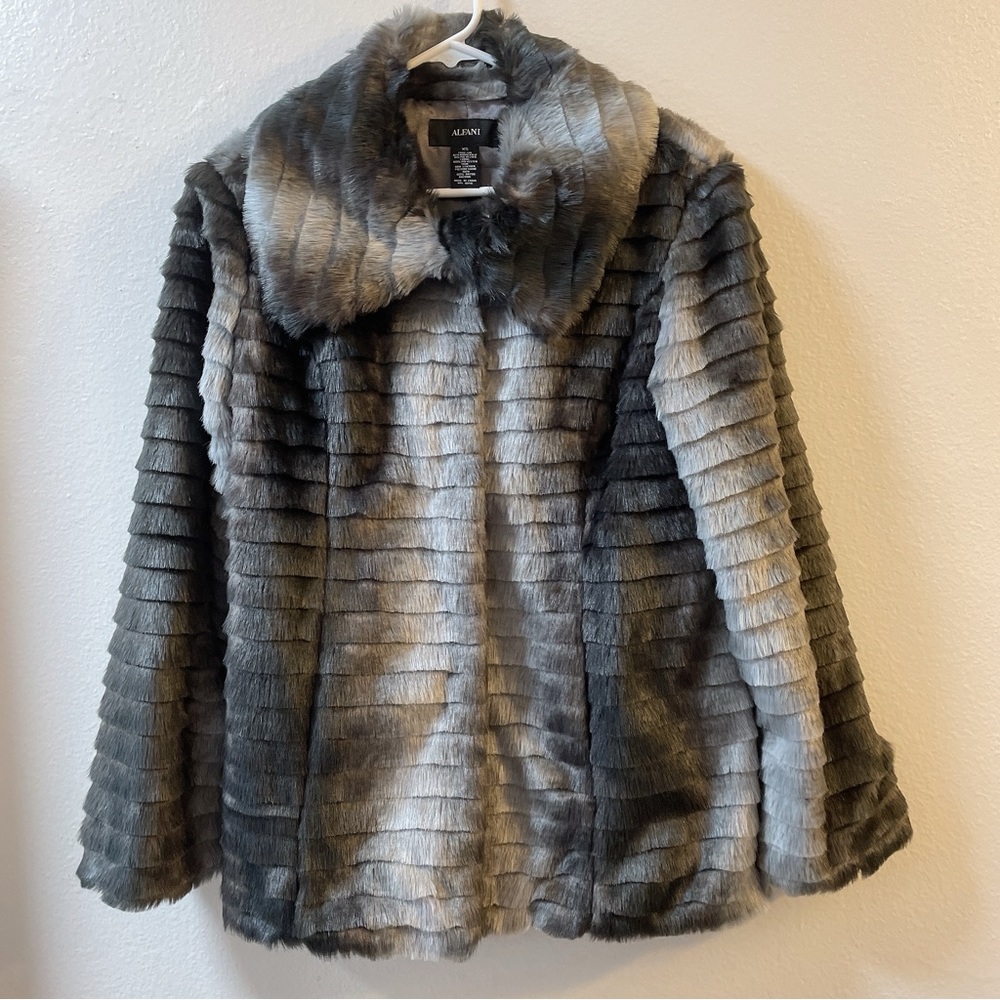 Alfani Gray Ribbed Faux Fur Coat